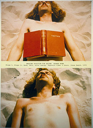 Dennis Oppenheim, Reading Position for Second Degree Burn, 1970, Photosilkscreen, 22 ½ x 30 inches, Courtesy of A. P. Oppenheim